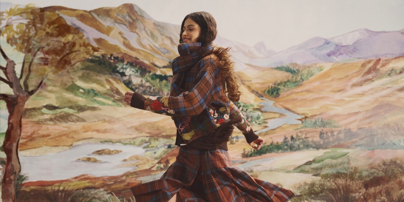 Barbour x FARM Rio Angelonia wollen vest met bruinblauwe ruit en kleurrijke bloemenborduursels