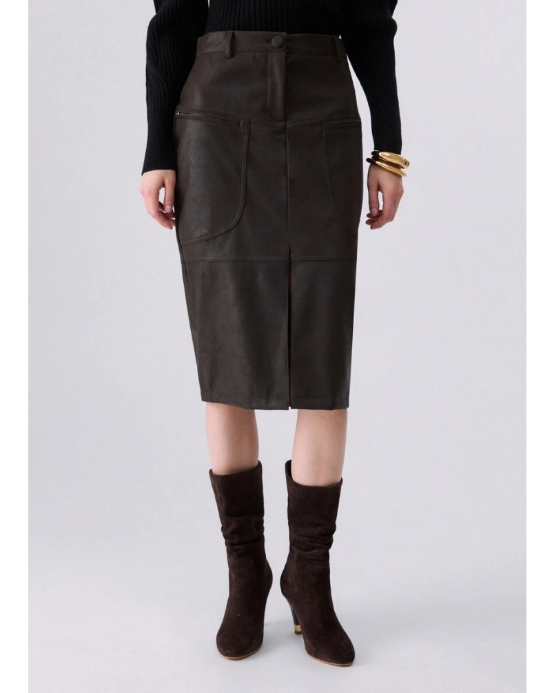 Liu Jo Midi skirt in coated fabric dark  brown