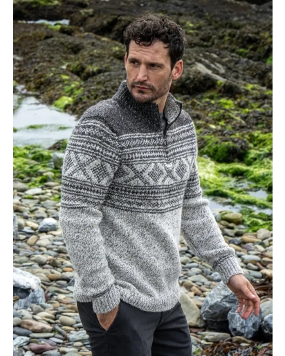 FISHERMAN OUT OF IRELAND Fisherman Zip neck sweater marble
