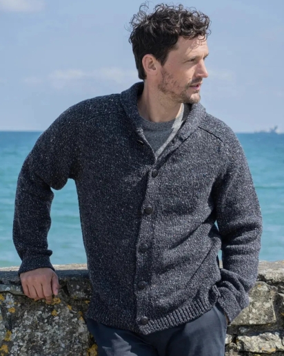 FISHERMAN OUT OF IRELAND Fisherman Shawl collar cardigan steel
