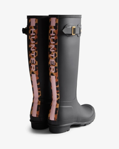 Hunter Womens original tall leopard backstrap black
