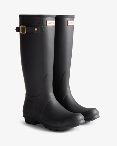 Hunter Womens original tall leopard backstrap black