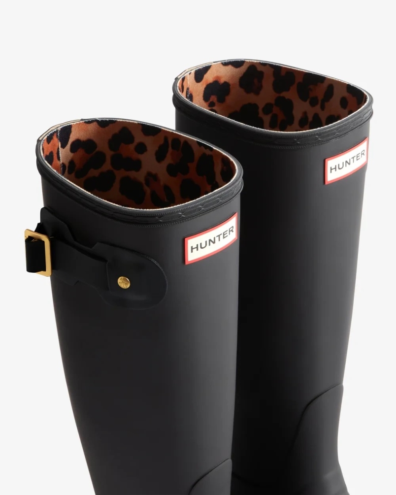 Hunter Womens original tall leopard backstrap black