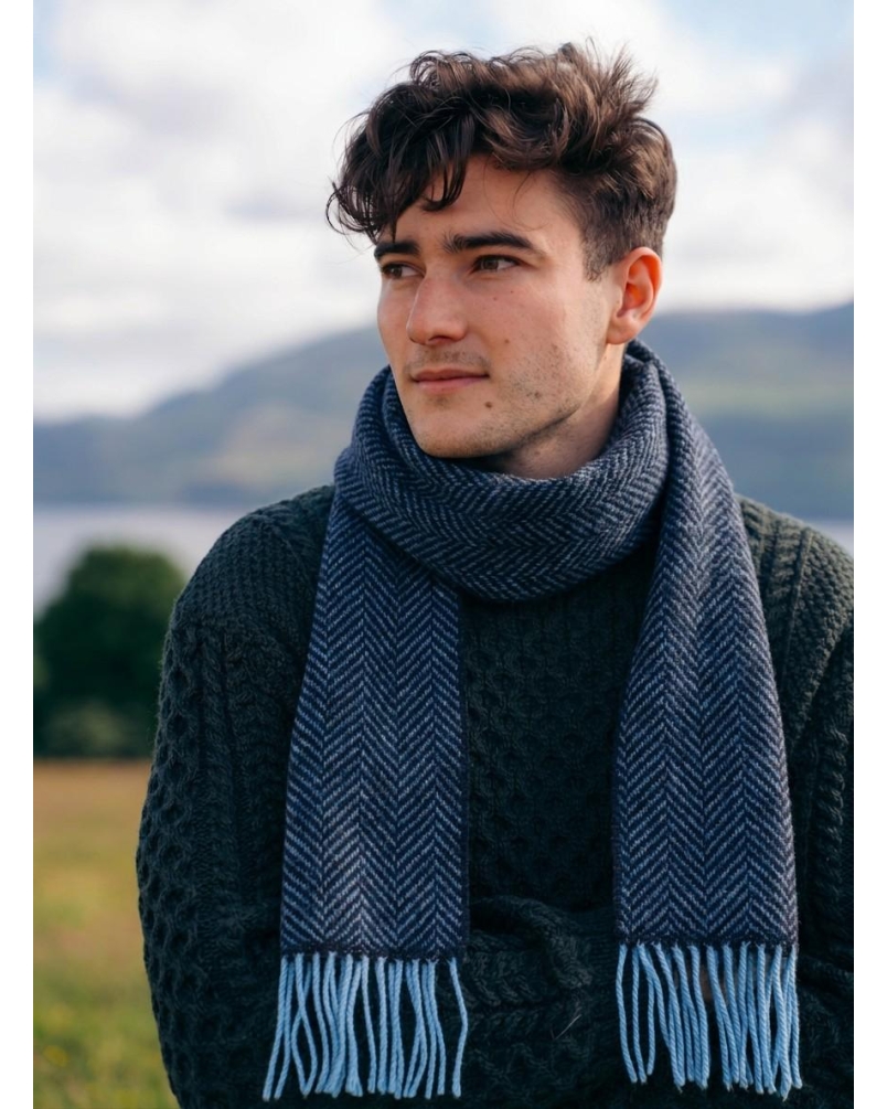 John Hanly Irish cashmere merino wool scarf blue/navy herringbone