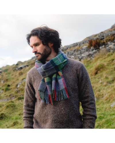 John Hanly Irish wool scarf purple/green/navy check