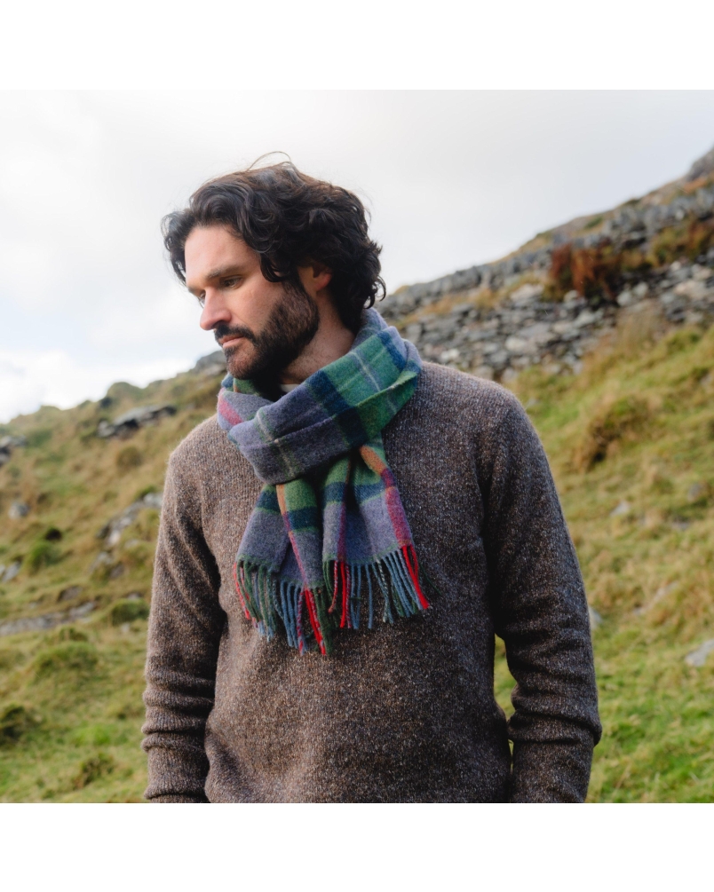 John Hanly Irish wool scarf purple/green/navy check