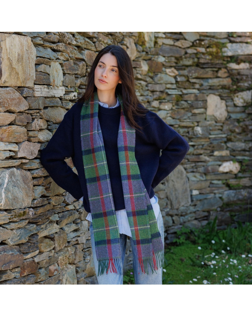 John Hanly Irish wool scarf purple/green/navy check