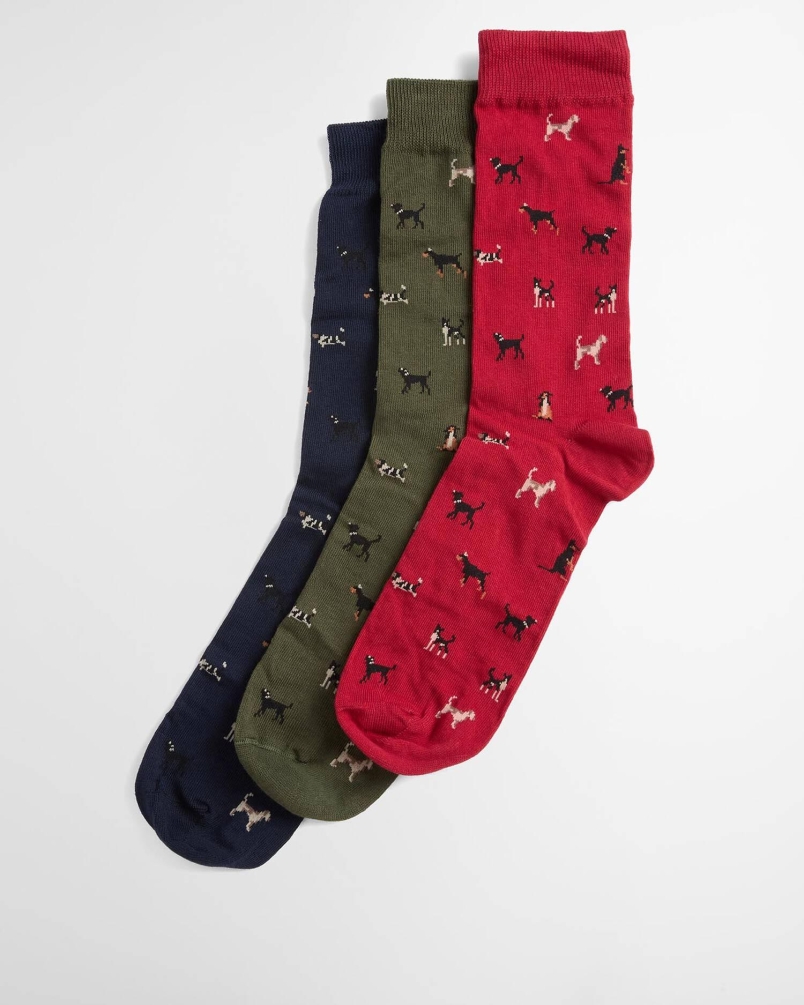 Barbour Dog socks gift set mi31 navy/red/green