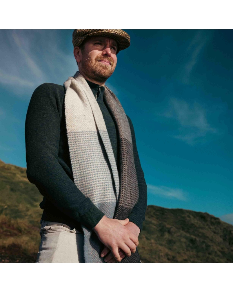 John Hanly Irish cashmere merino wool scarf grey to bue mixed plaid
