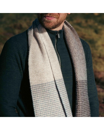 John Hanly Irish cashmere merino wool scarf grey to bue mixed plaid