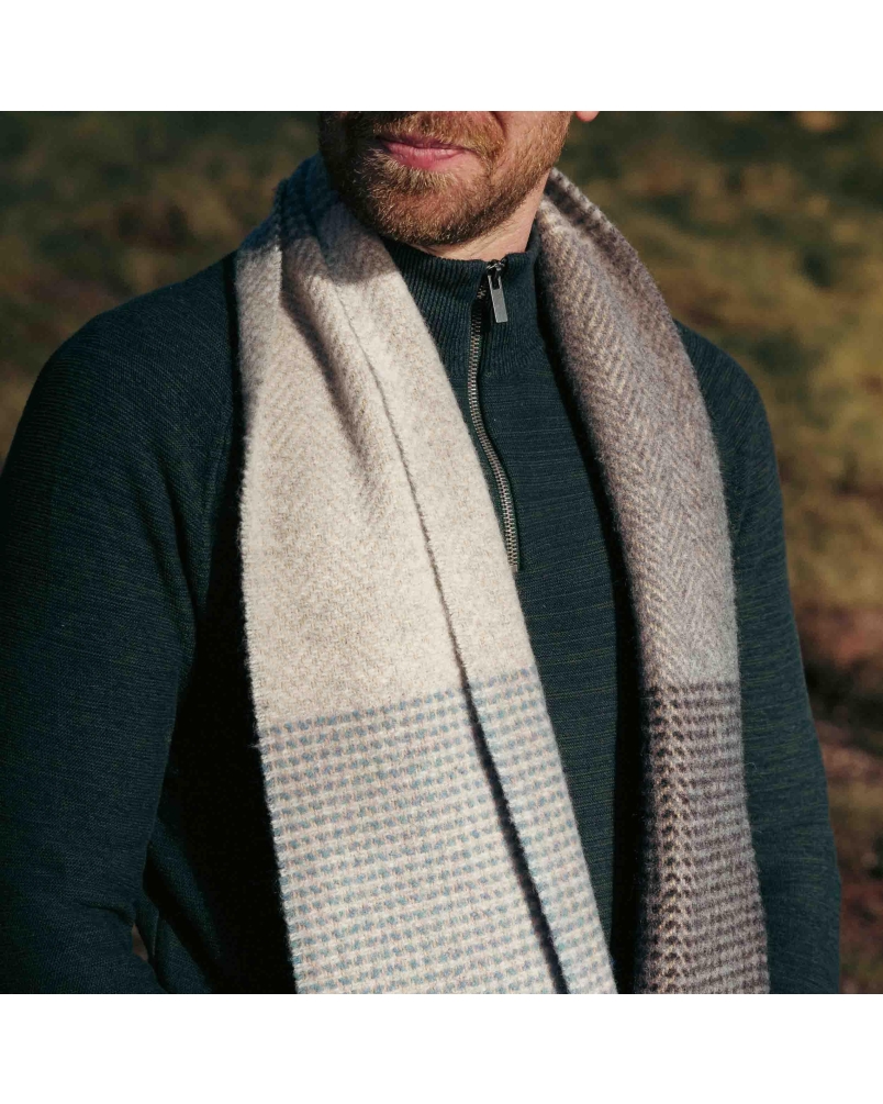 John Hanly Irish cashmere merino wool scarf grey to bue mixed plaid