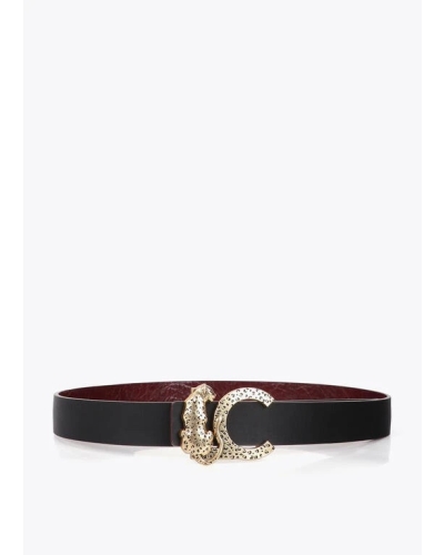 Lola Casademunt Faux leather textured belt with animal buckle black/red