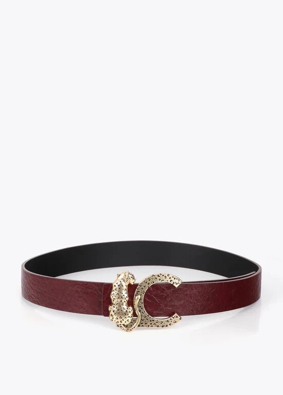 Lola Casademunt Faux leather textured belt with animal buckle black/red