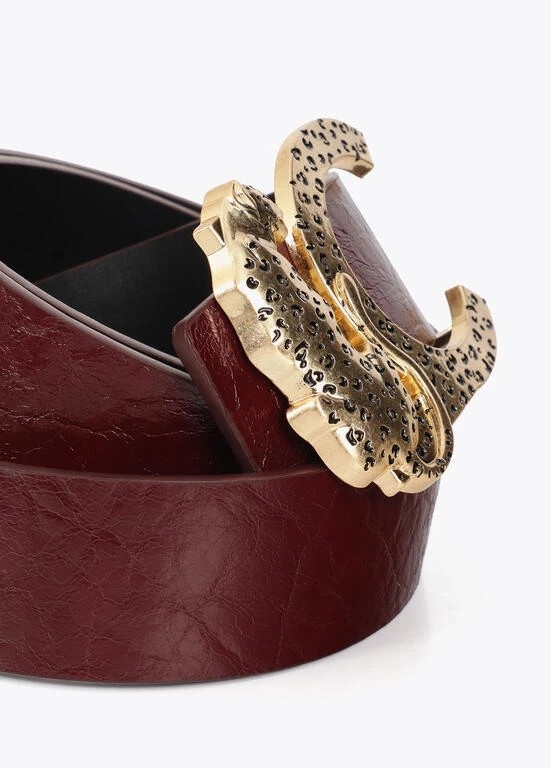 Lola Casademunt Faux leather textured belt with animal buckle black/red
