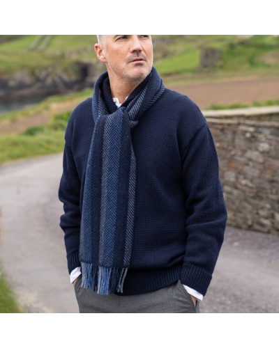 John Hanly Irish cashmere merino wool scarf navy/denim blue stripe