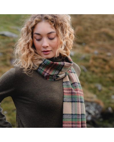 John Hanly Merino luxury wool scarf green/brown/charcoal/camel check