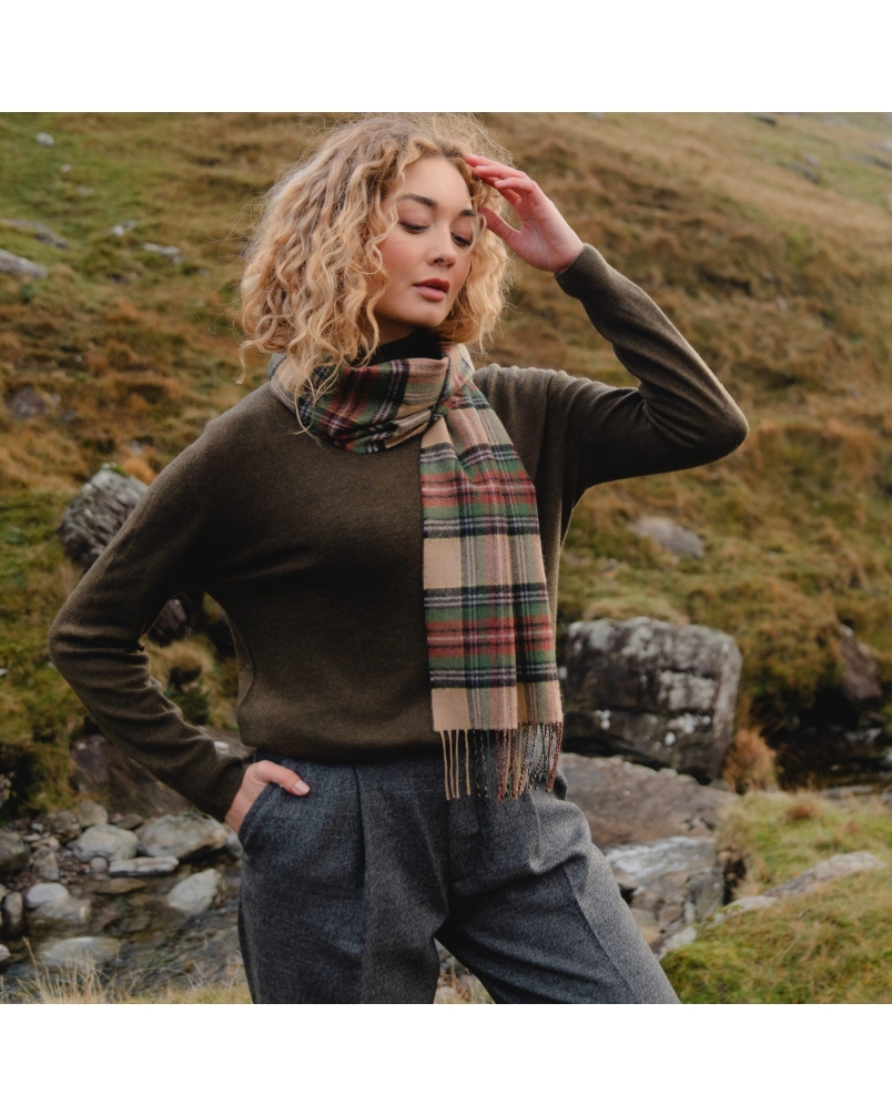 John Hanly Merino luxury wool scarf green/brown/charcoal/camel check