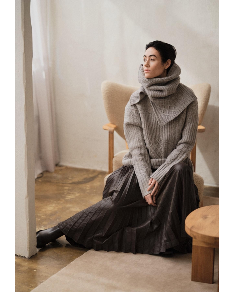 Rabens Saloner Anli - Patchwork knit sweater light grey melange