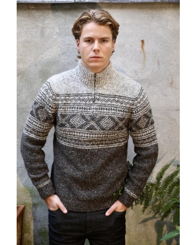 Fisherman out of Ireland Zip neck sweater with jacquard pattern granite