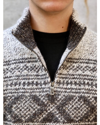 Fisherman out of Ireland Zip neck sweater with jacquard pattern granite