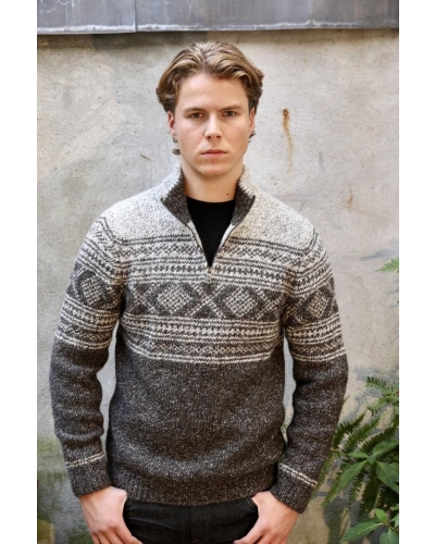 Fisherman out of Ireland Zip neck sweater with jacquard pattern granite