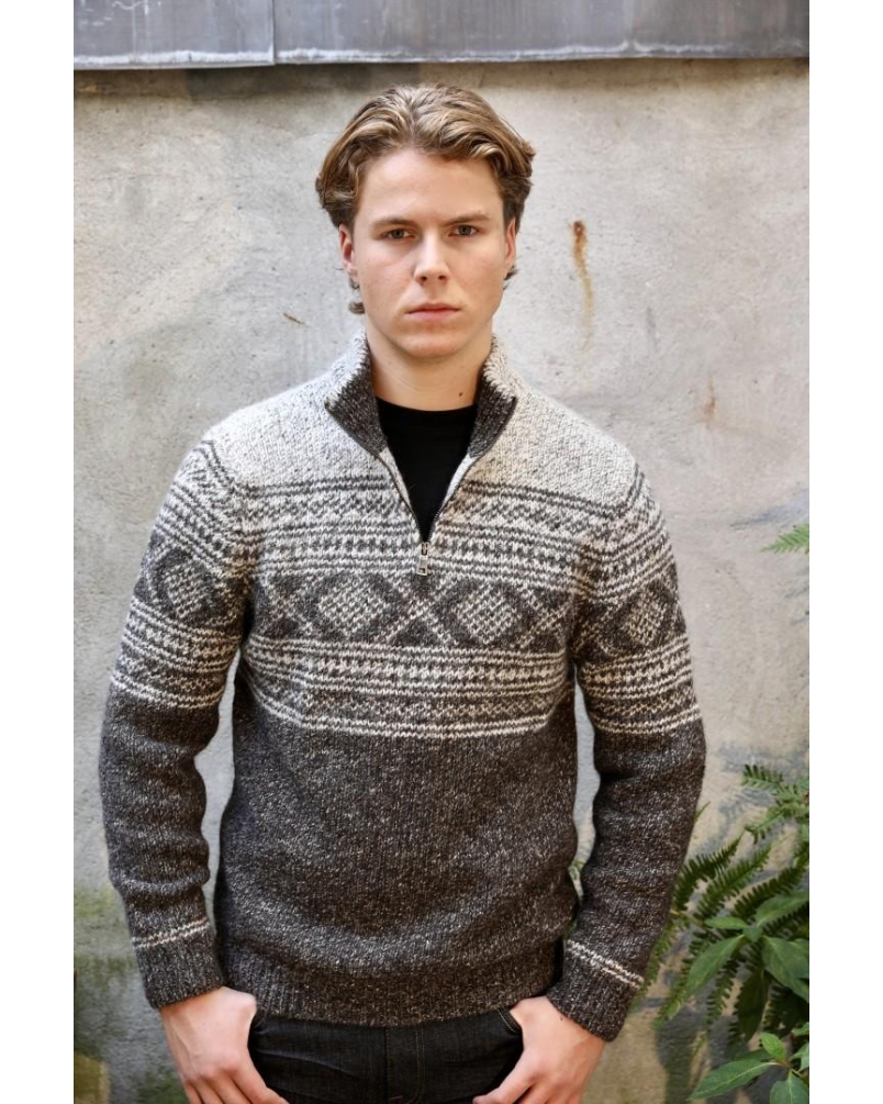 Fisherman out of Ireland Zip neck sweater with jacquard pattern granite