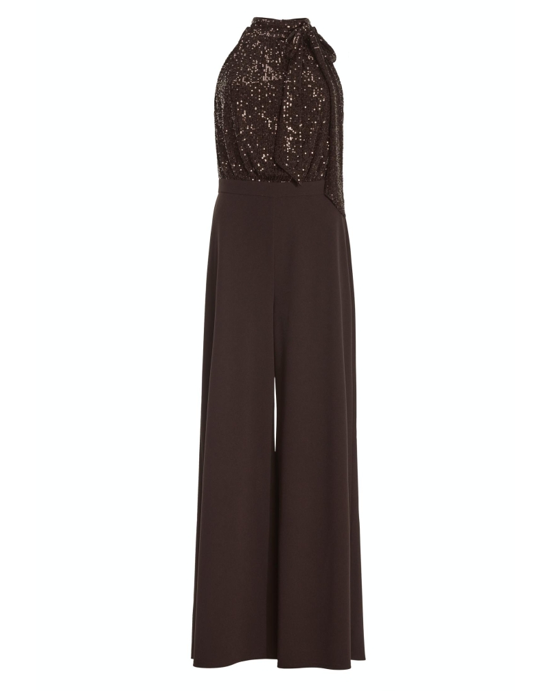 Swing Sleevless jumpsuit met pailletten espresso brown