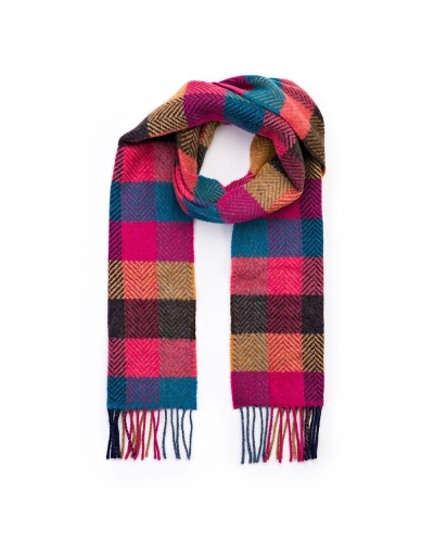 John Hanly Irish cashmere merino wool scarf pink/coral, teal herringbone block