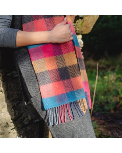 John Hanly Irish cashmere merino wool scarf pink/coral, teal herringbone block
