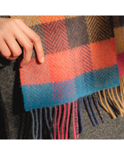 John Hanly Irish cashmere merino wool scarf pink/coral, teal herringbone block