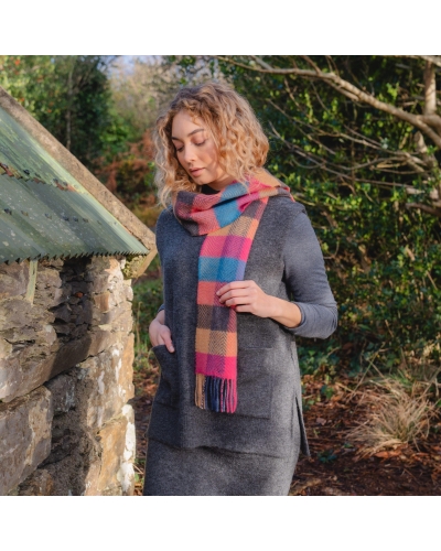 John Hanly Irish cashmere merino wool scarf pink/coral, teal herringbone block
