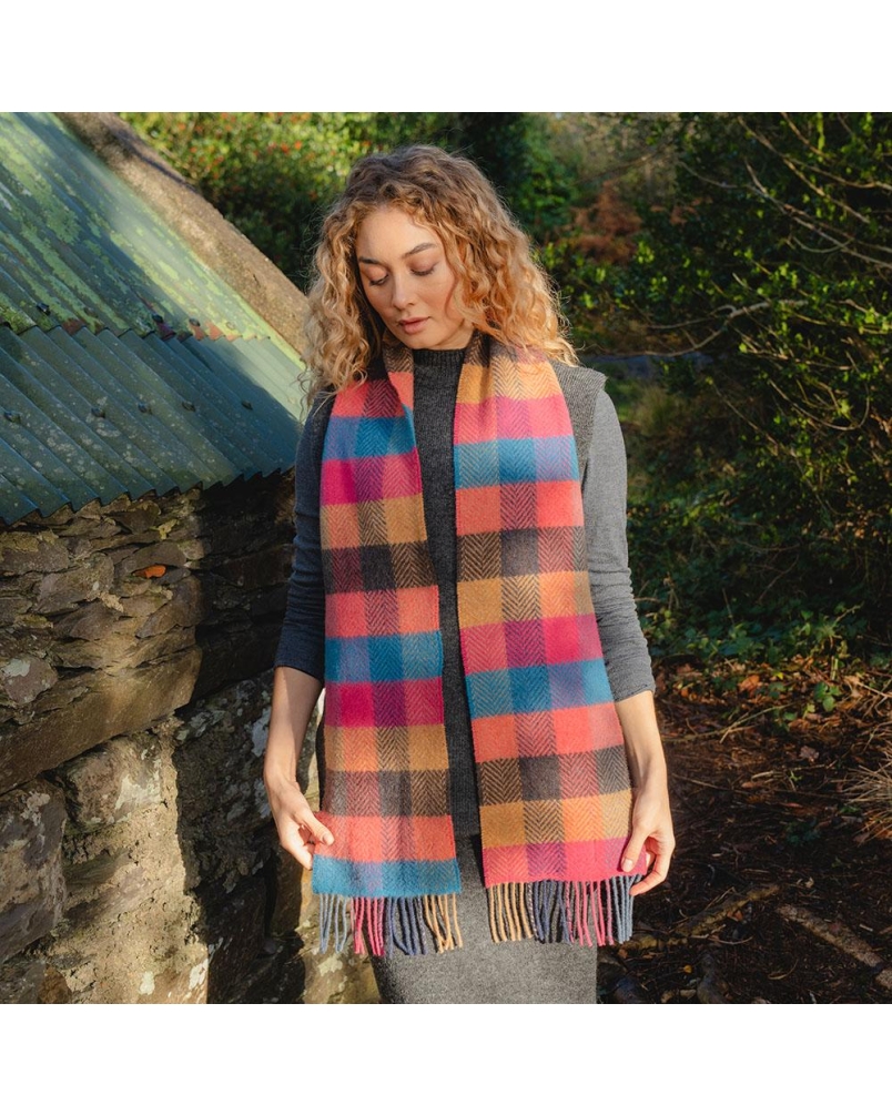 John Hanly Irish cashmere merino wool scarf pink/coral, teal herringbone block