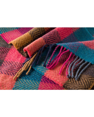 John Hanly Irish cashmere merino wool scarf pink/coral, teal herringbone block