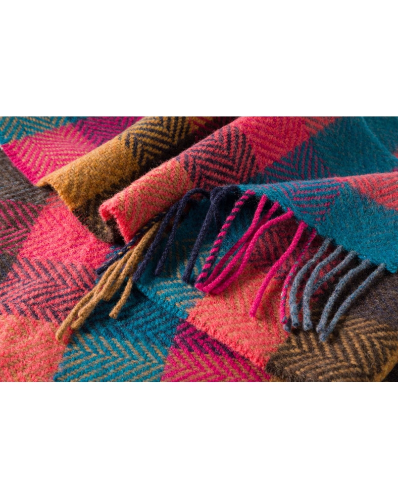 John Hanly Irish cashmere merino wool scarf pink/coral, teal herringbone block