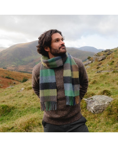 John Hanly Irish cashmere merino wool scarf green/denim/charcoal herringbone check