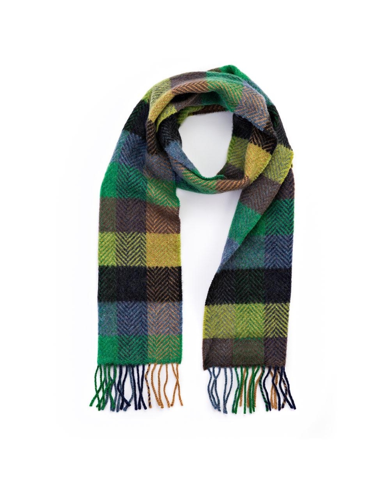 John Hanly Irish cashmere merino wool scarf green/denim/charcoal herringbone check