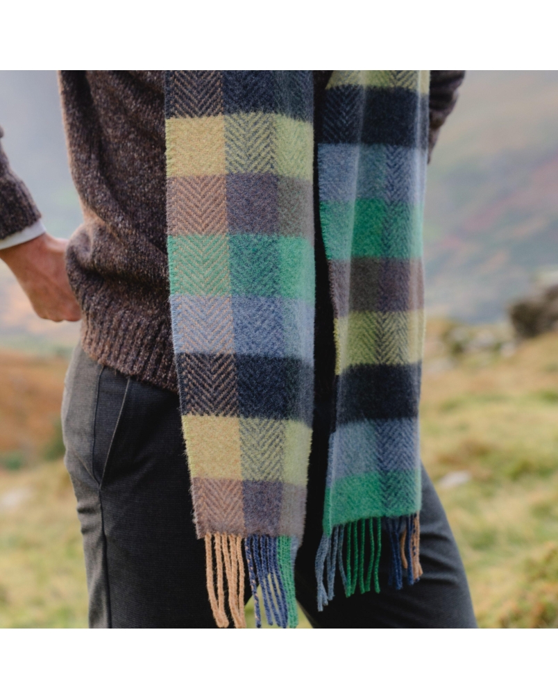 John Hanly Irish cashmere merino wool scarf green/denim/charcoal herringbone check