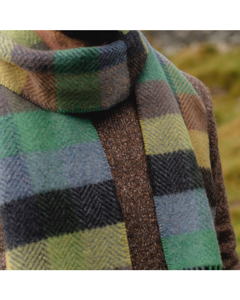 John Hanly Irish cashmere merino wool scarf green/denim/charcoal herringbone check