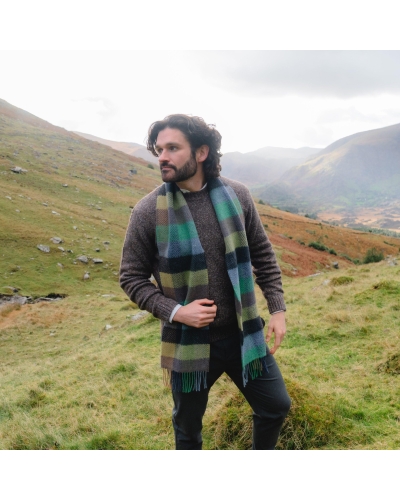 John Hanly Irish cashmere merino wool scarf green/denim/charcoal herringbone check
