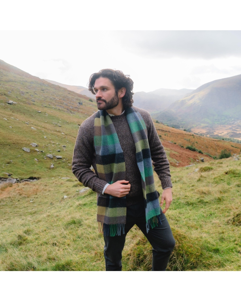 John Hanly Irish cashmere merino wool scarf green/denim/charcoal herringbone check