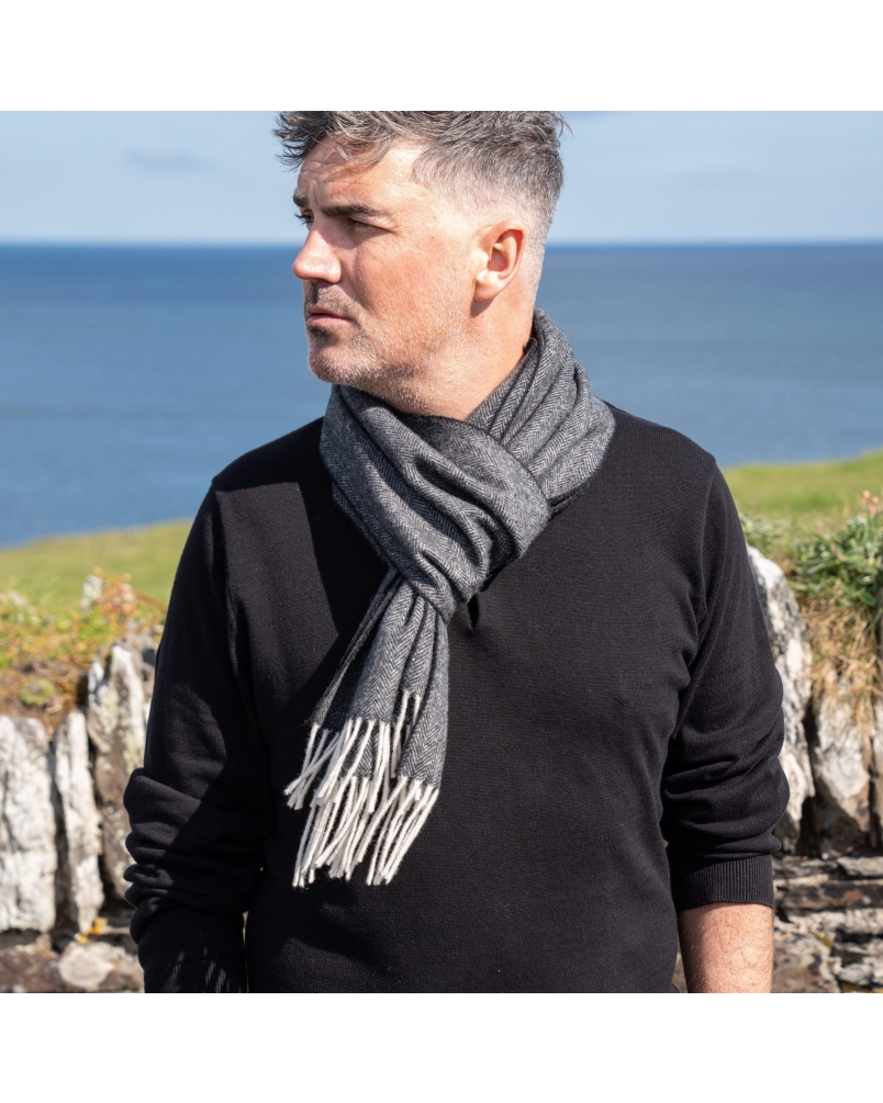 John Hanly Irish wool scarf charcoal herringbone