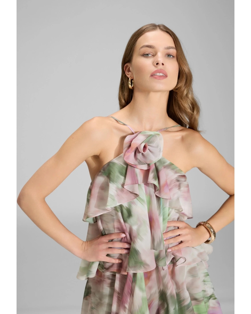 Swing Printed chiffon evening dress matcha green/vintage pink