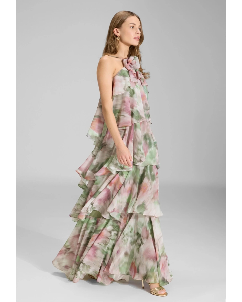 Swing Printed chiffon evening dress matcha green/vintage pink