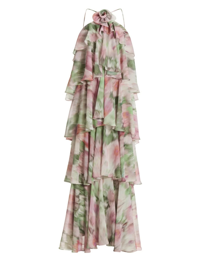 Swing Printed chiffon evening dress matcha green/vintage pink