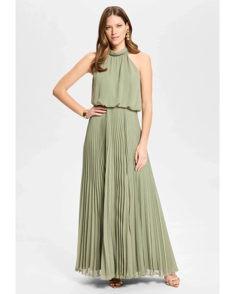 Swing Evening dress made of chiffon with pleated skirt khaki green