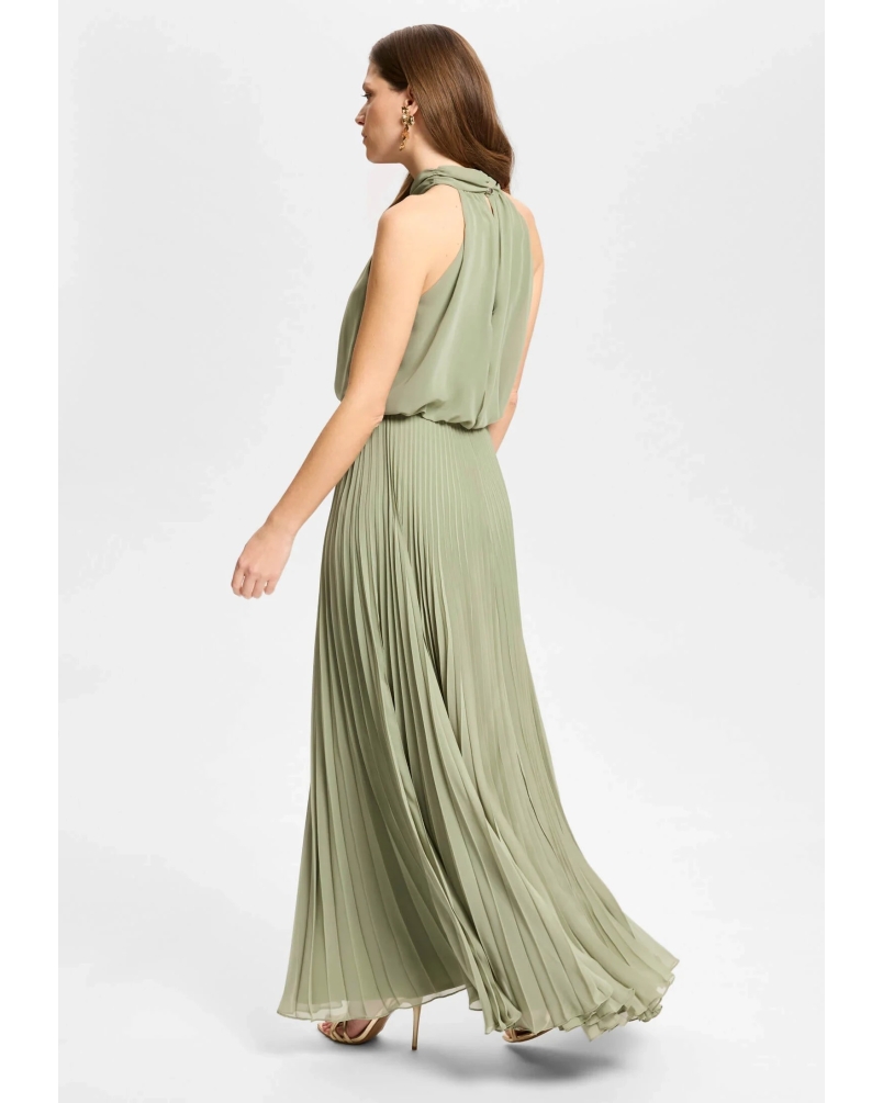 Swing Evening dress made of chiffon with pleated skirt khaki green