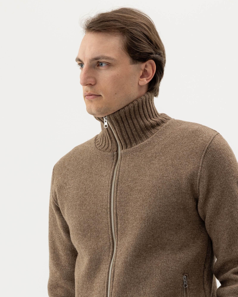 Holebrook Mans Zip WP Knitted windproof sweater in wool blend walnut