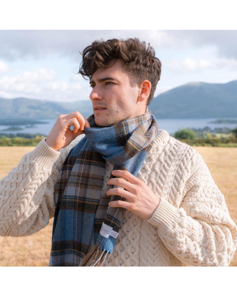 John Hanly Irish wool scarf blue charcoal sage