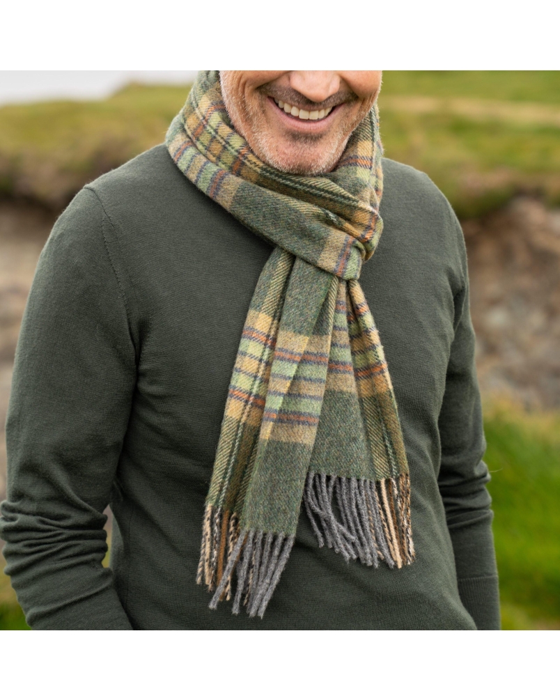 John Hanly Irish wool scarf dark green/mint/mustard check