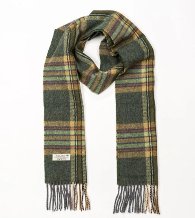 John Hanly Irish wool scarf dark green/mint/mustard check